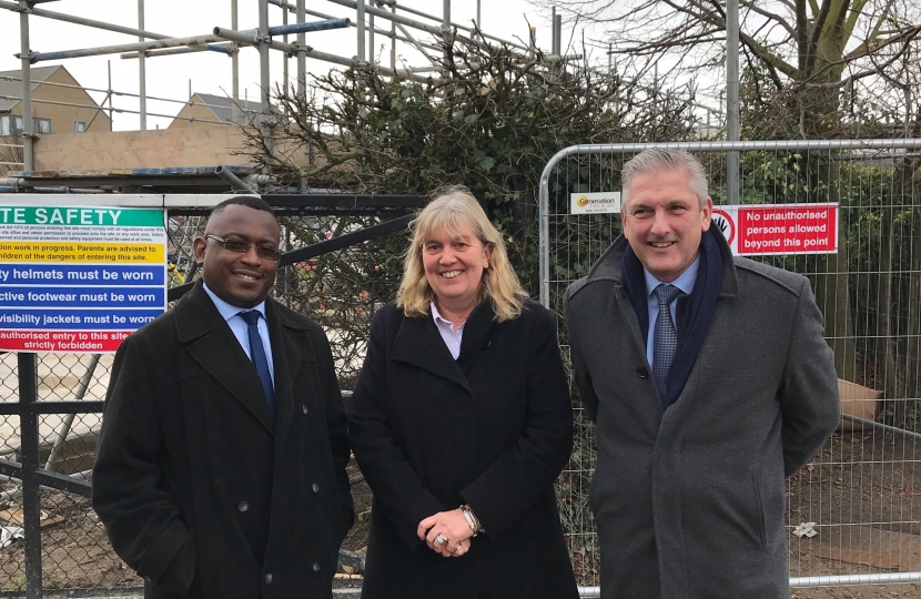 Councillors Mackness and Tejan and Headteacher Christine Easton on site