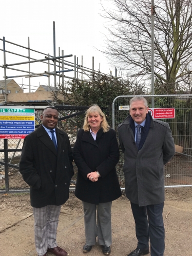 Councillors Mackness and Tejan and Headteacher Christine Easton on site